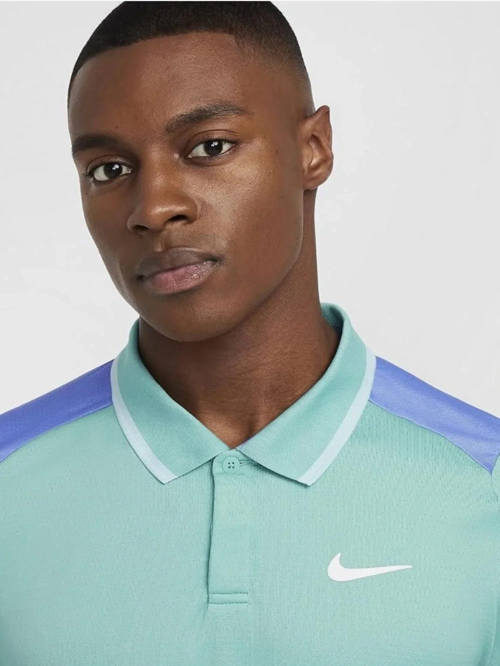 Nike Court Men's Small Dri-Fit Green Polo with Blue Shoulder Panels